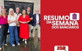 Fotografia de assessores jurídicos e dirigentes sindicais após vitória conquistada na mediação do TRT sobre demissão em massa no Itaú