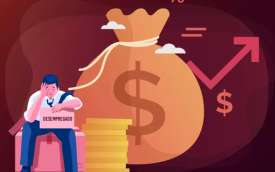 Imagem em desenho composta de um homem sentado com a cabeça baixa ao lado de uma pilha de moedas e um saco de dinheiro, ambos em tamanho proporcionalmente grandes. Ao fundo, no lado direito, uma flecha apontando para o alto e, abaixo dela, um cifrão