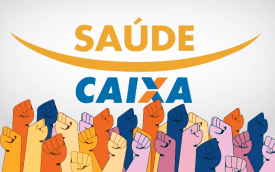 Ilustração de punhos cerrados, com o logo do Saúde Caixa ao fundo