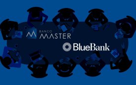 Imagem em desenho de pessoas sentadas em volta de uma mesa de reunião. sobre a mesa, os logos do Banco Master e do BlueBank
