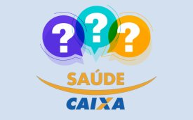 Imagem do logo do Saúde Caixa com balões de interrogação 