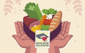 Imagem em desenho composta de uma cesta de alimentos sobre duas mãos abertas. No centro das mãos os logo do Bancário Solidário
