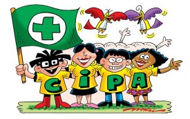 Chearge de quatro bancários formando a sigla CIPA nas suas camisetas e segurando uma bandeira (Charge: Márcio Baraldi)