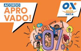 Ilustração de trabalhadores comemorando a aprovação do acordo do Saúde Caixa, com reajuste zero