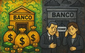 De um laco, imagem representando o lucro dos bancos, do outro imagem representando a situação dos bancários (Imagem:IA)