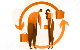 Imagem em desenho mostra duas figuras humanas, uma masculina e outra feminina, lado a lado e com as cabeças baixas, de um círculo formado por duas flechas, uma apontada para baixo e outra para cima