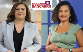 Arte mostra duas mulheres morenas uma usando cinza e outra azul que serão as participantes do Momento Bancário
