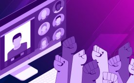 Imagem de uma plenária virtual, com punhos para cima