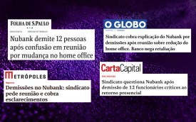 Arte composta de várias manchetes de diversos veículos de mídia sobre a alteração do regime de home office no nubank