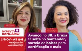 Arte mostra duas mulheres morenas, uma de cabelo medio usando camisa vermelha e a outra de cabelo curto usando blusa azul