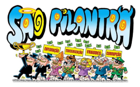 Charge de divulgação da Corrida São Pilantra , com os atletas que correm contra o trabalhador (Charge: Marcio Baraldi)