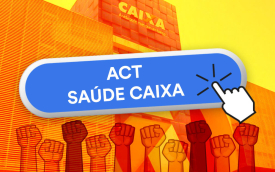 Arte mostra uma mão clicando em um botão onde se lê "ACT Saúde Caixa"