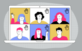 Arte com desenho de uma tela de computador mostrando várias janelas com pessoas de mãos levantadas