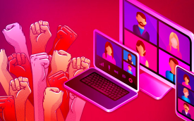 Ilustração remetendo a uma plenária virtual, acompanhada de punhos cerrados. (Montagem: Linton Publio)