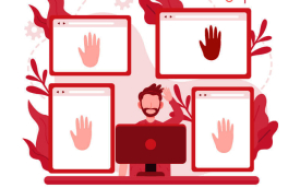 Imagem em desenho composta de um homem cercado de telas que projetam palmas de mão