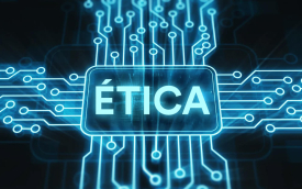Imagem de um circuito eletrônico, com a palavra "ética" no centro (Montagem: Linton Publio)