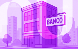 Imagem de um prédio administrativo, com uma placa escrito "banco" (Montagem: Linton Publio)