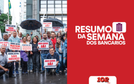 Fotografia do protesto contra os juros altos, acompanhada do logo do Resumo da Semana (Divulgação)