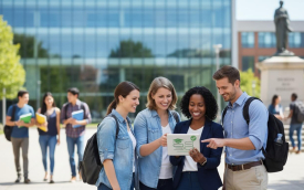 Imagem de estudantes em frente de uma universidade
