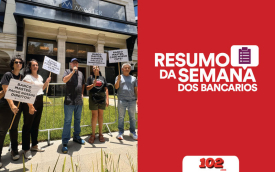 Fotografia de protesto na sede do Banco Master, acompanhada do logotipo do Resumo da Semana (Divulgação)