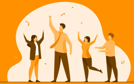 Desenho mostra pessoas com os braços levantados, comemorando