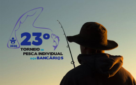 Imagem, sombreada, de um pescador, acompanhada do logotipo do 23º Torneio de Pesca Individual dos Bancários (Montagem: Fabiana Tamashiro)