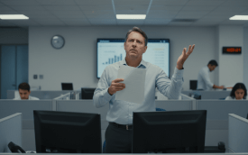 Imagem de um homem em pé, com expressão de indignação, em uma sala com outros trabalhadores entados em seus computadores 