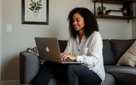 Foto de uma mulher trabalhando em frente ao computador no sofá de casa