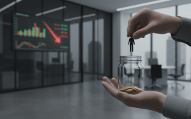 Imagem mostra um homem colocando um boneco de papel dentro de um pote de vidro contendo algumas moedas. À frente dele há um painel exibindo um gráfico em barras e outro em linha, representando queda