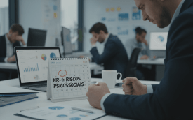 Imagem mostra um escritório com homens sentados em frente a computadores e um calendário marcado em maio, por cima do calendário as palavras: NR-1, riscos psicossociais