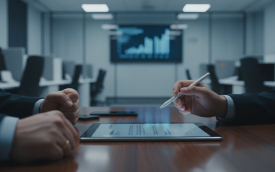 Imagem mostra dois homens sentados frente a frente em uma sala corporativa. A imagem foca nas mãos dos homens. um deles está com os punhos cerrados e outro está com uma caneta na mão em frente a um tablet