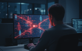 Imagem de um homem, em um ambiente escuro, em frente a uma tela de compuitador, onde se vê uma teia interligando imagens de mulheres