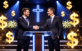 Imagem mostra dois homens de terno e gravata se cumprimentando no púlpito de uma igreja evangélica. Ao lado deles há vários cifrões na cor dourada