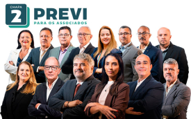 Imagem mostra candidatos da Chapa 2 para a eleição da Previ, perfilados. Acima deles, o texto "Chapa 2 - Previ para os associados"