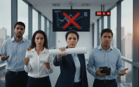 Imagem de pessoas em um escritório lado a lado e em posição de protesto