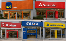Fotomontagem com imagens de fachadas de agências do Itaú, Santander, Bradesco, Caixa e Banco do Brasil
