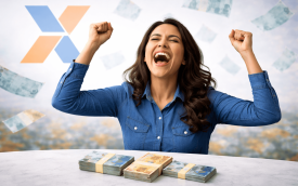 Imagem mostra mulher branca usando uma camisa azul comemorando ao redor de cédulas de dinheiro