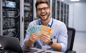 Imagem mostra trabalhador de Ti sorrindo e segurando notas de real. ele é branco e loiro e usa óculos, uma camisa azul clara e um crachá
