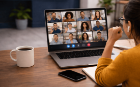 Imagem mostra mulher de costas, em frente a um notebook, participando de uma reunião virtual. a tela do computador projeta vários rostos de pessoas entusiasmadas
