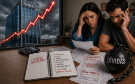 Imagem mostra um casal com semblante preocupado diante de boletos. no canto esquerdo, há um prédio com uma placa onde se lê "banco"