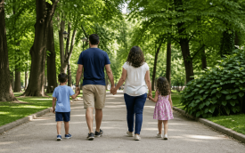 Família passeando em um parque arborizado. Na imagem aparecem um casal e dois filhos, todos de mãos dadas