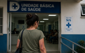 Imagem mostra mulher vítima de violência buscando atendimento em uma unidade báscia de saúde