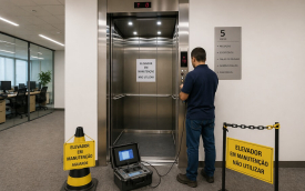 Imagem gerada por inteligência artificial mostra técnico fazendo manutenção de um elevador
