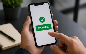 Imagem gerada por inteligência artificial mostra um homem mexendo em um celular em cuja tela está projetada a palavra "aprovado"