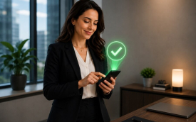 Imagem mostra uma mulher mexendo em um telefone celular cuja tela projeta um ícone de "check" indicando aprovaçao