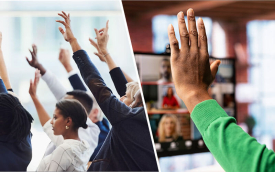 Imagem mostra pessoas votando virtualmente e presencialmente