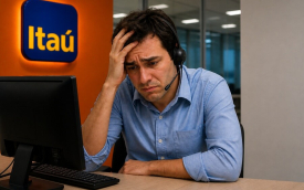 Imagem mostra bancário com semblante preocupado apoiando a cabeça na mão esquerda. Ele usa um headphone e uma camisa azul e está sentado em frente a um computador.  atrás dele há uma placa com o logo do Itaú pendurado em uma janela pintada de laranja
