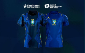 Imagem mostra duas camisas oficiais do uniforme dois da seleção brasileira, em um fundo azul escuro. Acima há o texto quem é sindicalizado tem mais 