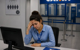 Imagem mostra empregada da caixa sentada em uma cadeira em frente a uma mesa