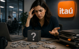 Bancária do itaú observa, com olhar de questionaento, um cubo preto com um ponto de interrogação em uma das suas faces